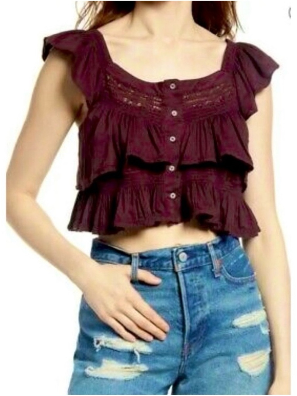 Free People Plum Ruffled Button-Front Crop Top - Picture 1 of 8